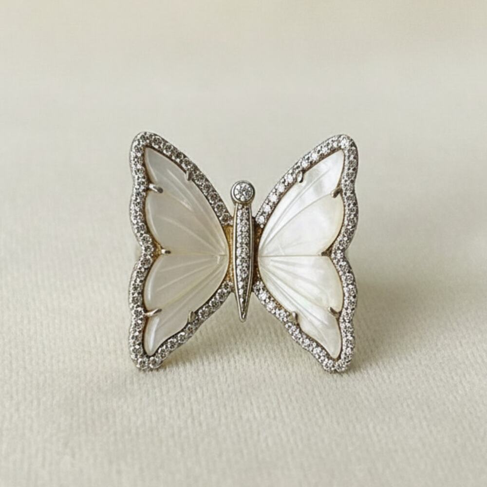 Ross-Simons Butterfly Ring 14k Gold over Sterling Mother of Pearl CZ 7.5